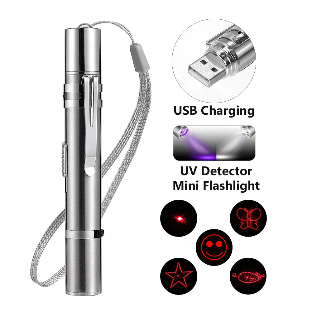 4mW 3 In 1 Cat LED Chase Toys Red Laser Pointer Pen USB Rechargeable White Torch Flashlight Pen Pet Toy UV Flashlight 5 Patterns