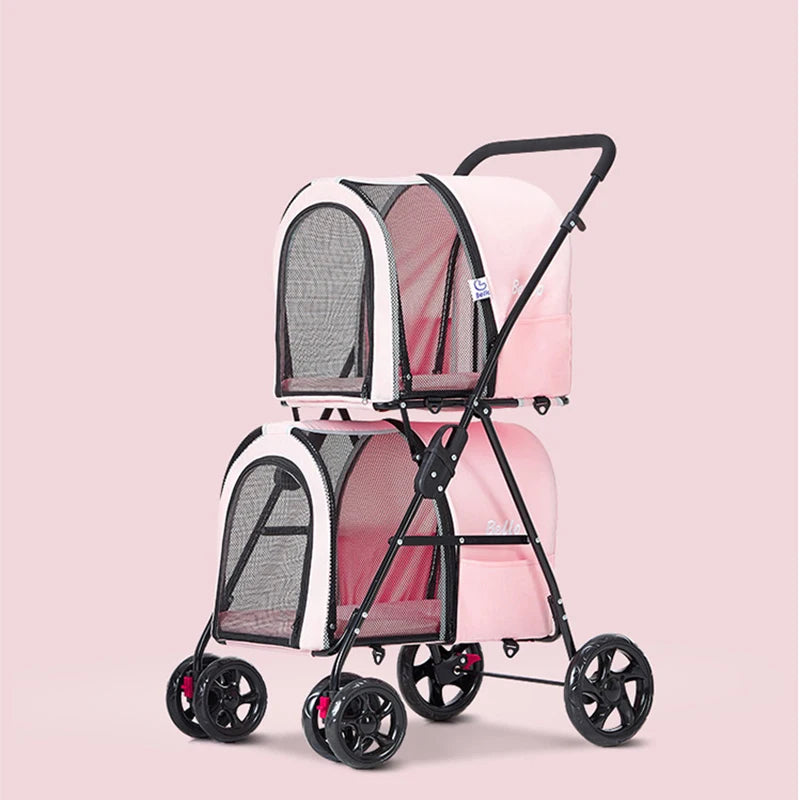 Double-layer Pet Stroller Cats Carrier Detachable Handbag Collapsible Breathable Dog Cat Trolley for Dogs Cats Walks Relax