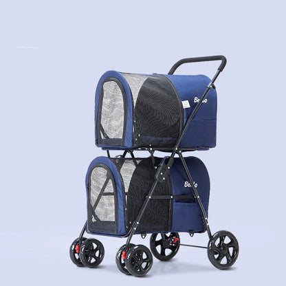 Double-layer Pet Stroller Cats Carrier Detachable Handbag Collapsible Breathable Dog Cat Trolley for Dogs Cats Walks Relax