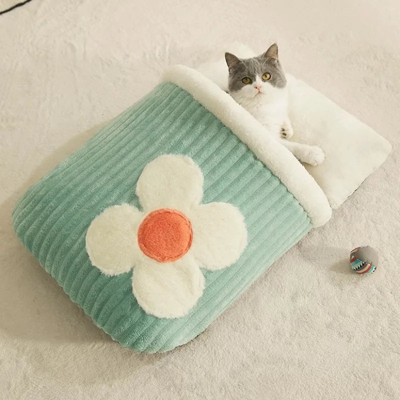 Japanese Sakura Warm Cat Bed Cat Sleeping Bag Deep Sleep Winter Dog House Cats Nest Cushion With Pillow Removable Pet Products