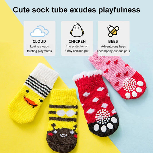 4pcs/Set Cute Puppy Dog Knit Socks Autumn Winter Pet Socks Anti-Slip Knitted Small Dogs Shoes Warm Paw Protector Dog Accessories