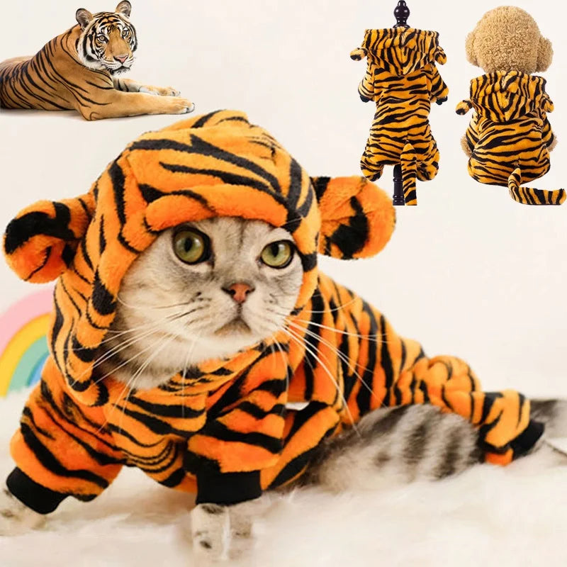 Thickened Flannel Costume for Pet, Warm Role Play, Tiger Dinosaur Costume, Monochromatic, Cat and Dog Clothing Autumn and Winter