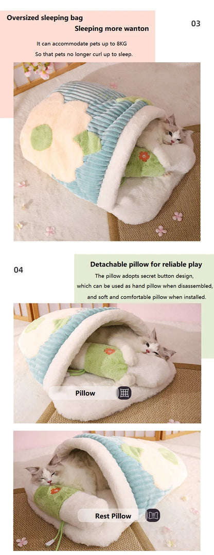 Japanese Sakura Warm Cat Bed Cat Sleeping Bag Deep Sleep Winter Dog House Cats Nest Cushion With Pillow Removable Pet Products