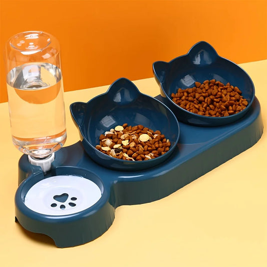 Pet Bowls With Water Feeder, 3 In 1 Ear Design Tilted Cat Water And Food Bowl Set With Gravity Water Bottle For Neck Protection