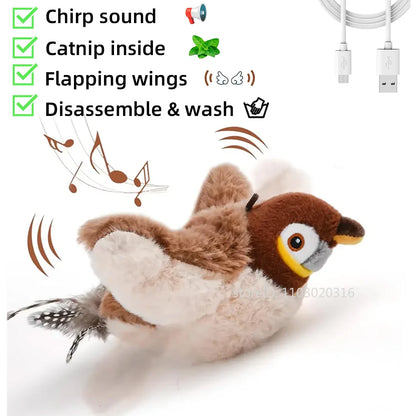 Interactive Cat Toys Rechargeable Electric Flapping Wings Bird Cat Toy Sound Chirping Bird Catnip Touch Activated Plush Toy