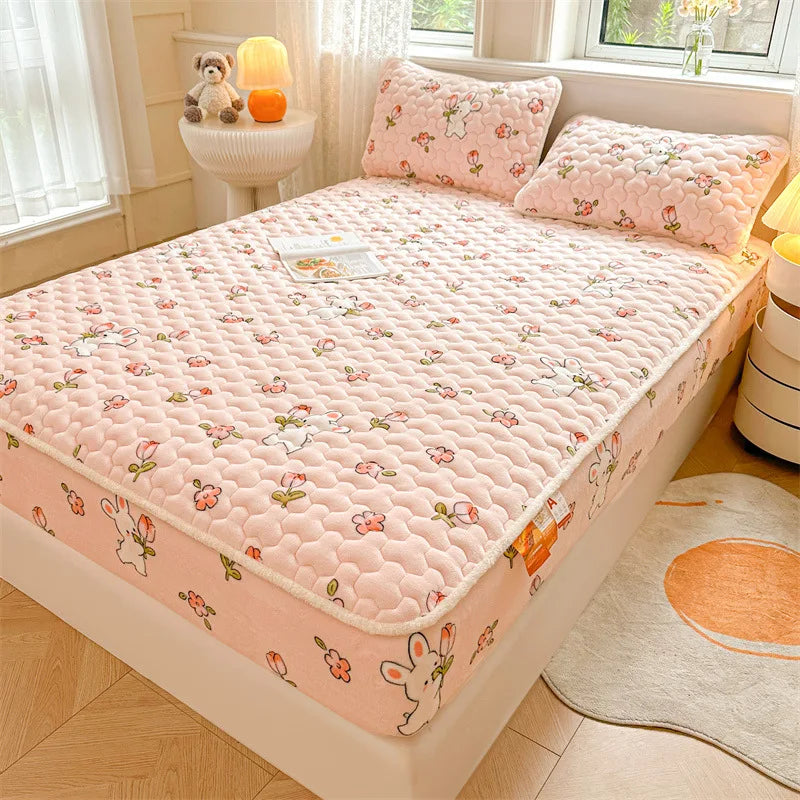 Mattress Protector Thickened Pure Cotton Queen Fitted Sheet Plush Anti-slip Bedspread Pillowcase Single Double King Queen Bed 이불