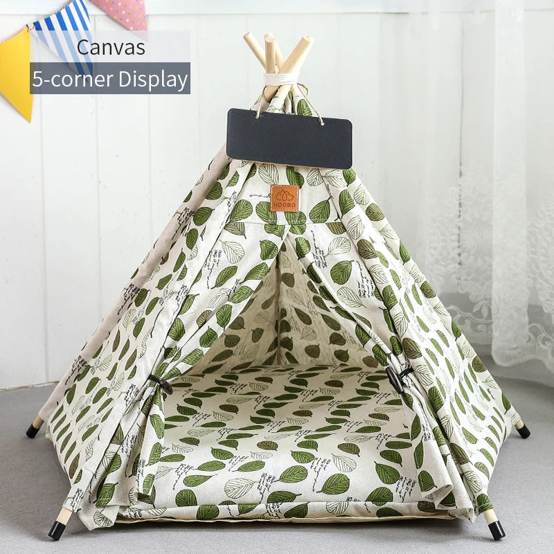 Pet Teepee Tent for Cats and Dogs Portable Removable Washable Dog House Indoor Puppies House with Cushion and Blackboard Cat Bed