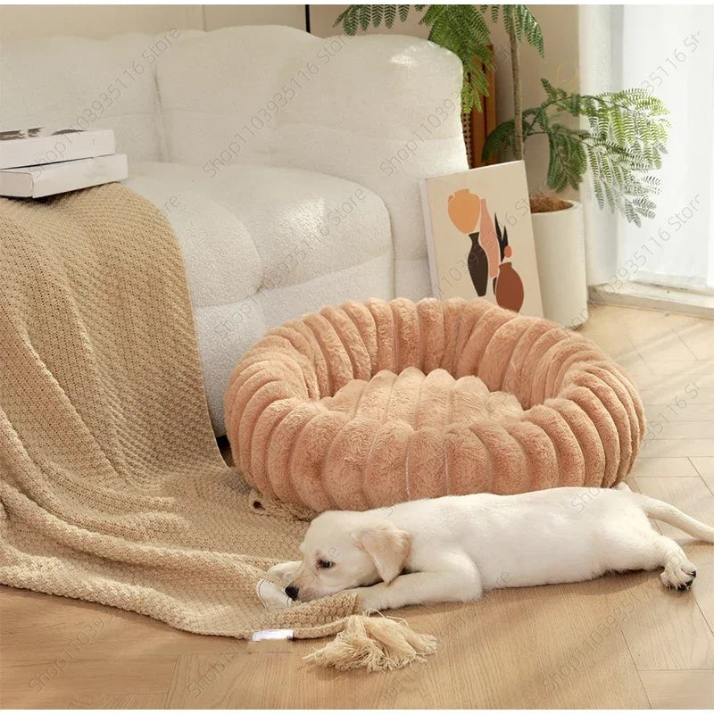 Plush Pet Nest Winter Cat Nest Dog Nest High Weight Straight Strip Plush Pet Mat Detachable Washable Round Cat Bed