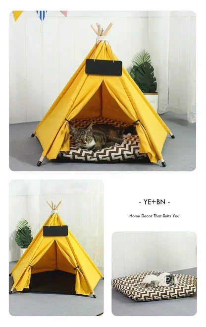 Pet Teepee Tent for Cats and Dogs Portable Removable Washable Dog House Indoor Puppies House with Cushion and Blackboard Cat Bed