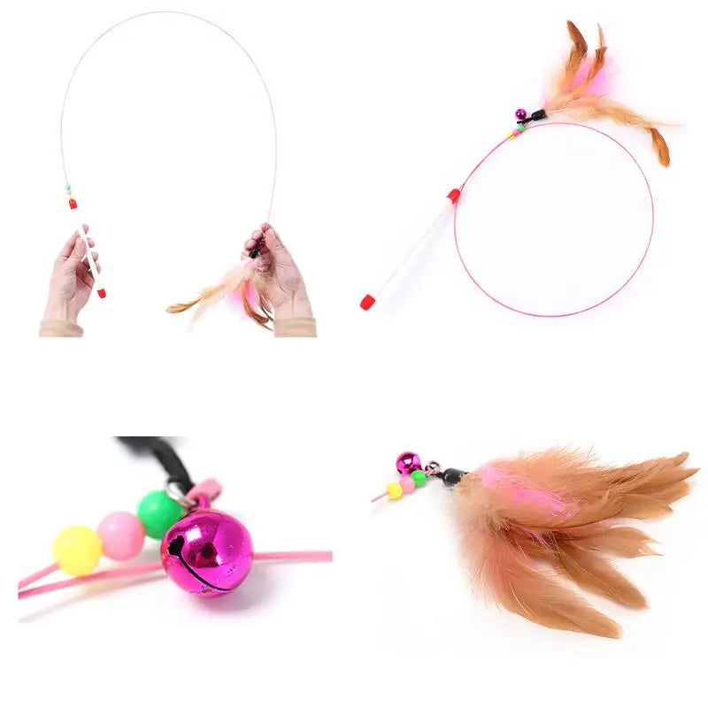 1pc Cat Toy Stick Feather Wand With Bell Mouse Cage Toys Plastic Artificial Colorful Cat Teaser Toy Pet Supplies Random Color