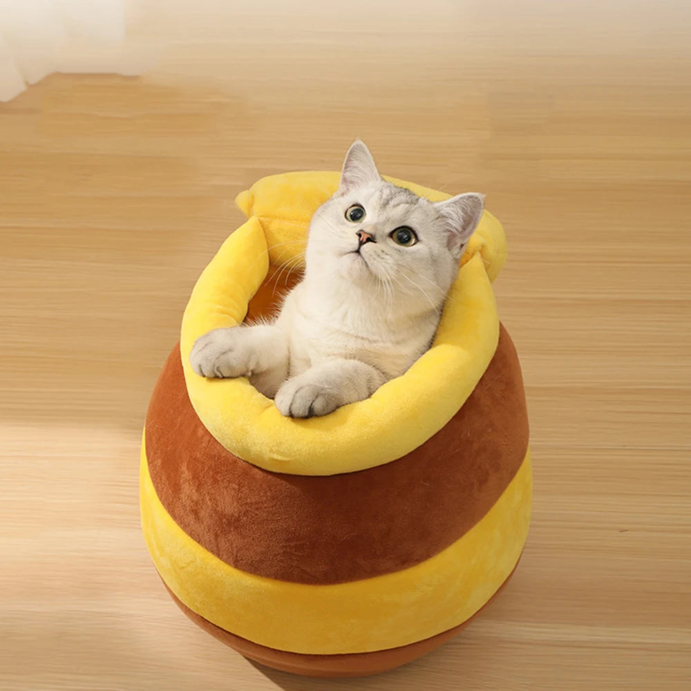 Cat Bed House Removable Plush Mat Cats Four Seasons Cushion Basket Honey Jar Shape Machine Washable Pet Accessories