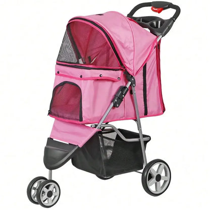 Pet Stroller Travel 3 Wheels Foldable Carrier Cart W/ Cup Holder For Dogs Pink