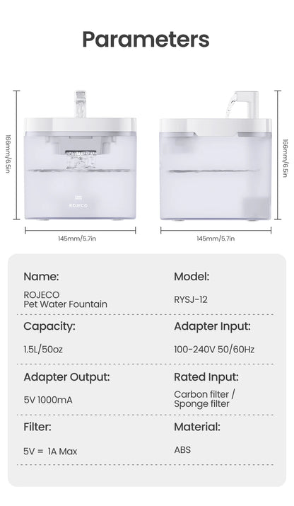 ROJECO Smart Cat Water Fountain Automatic Pet Water Dispenser For Cats Dog Drinking Purifier Fountain with Recirculate Filters