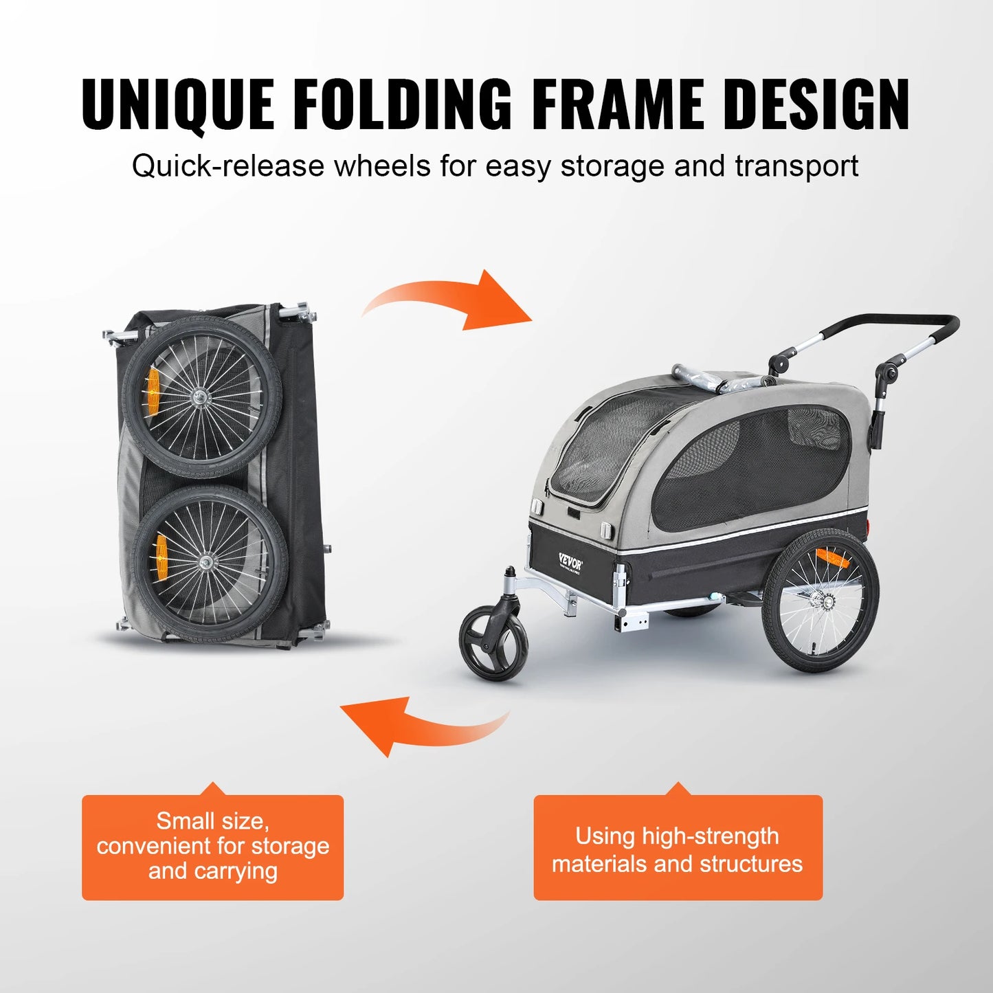 VEVOR 88 lbs 2-in-1 Pet Stroller Cart Dog Bike Trailer with Wheels Reflectors Easy Folding Cart Frame Bicycle Coupler Carrier