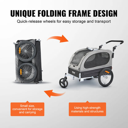 VEVOR 88 lbs 2-in-1 Pet Stroller Cart Dog Bike Trailer with Wheels Reflectors Easy Folding Cart Frame Bicycle Coupler Carrier