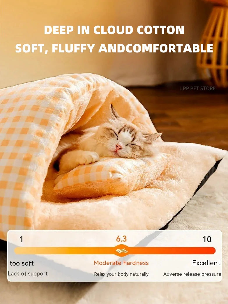 Warm Half Closed Cat Bed Winter Removable Pet Sleeping Bag Dog Bed House Cats Nest Cushion with Pillow Dog Cushion Cat Supplies