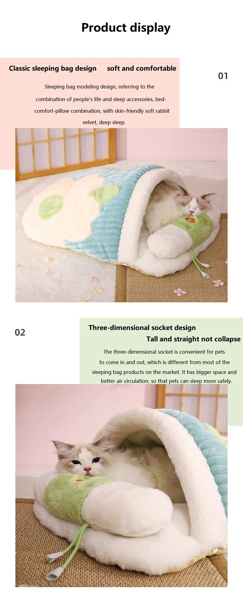 Japanese Sakura Warm Cat Bed Cat Sleeping Bag Deep Sleep Winter Dog House Cats Nest Cushion With Pillow Removable Pet Products