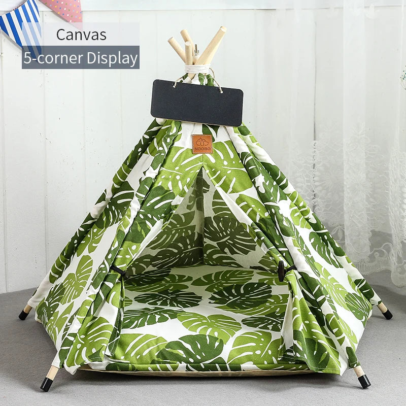 Pet Teepee Tent for Cats and Dogs Portable Removable Washable Dog House Indoor Puppies House with Cushion and Blackboard Cat Bed