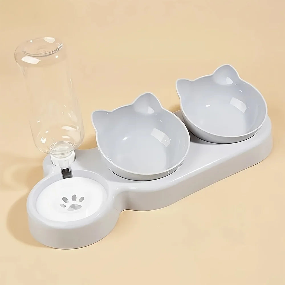 cat tools, [Popular choice] Anti slip tilted cat bowl with automatic water dispenser, non electric plastic pet feeding accessories