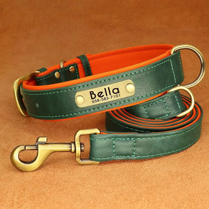 Customized Leather Dog Collar Leash Set Soft Padded Leather Collar For Small Medium Large Dogs With Free Engraved Nameplate