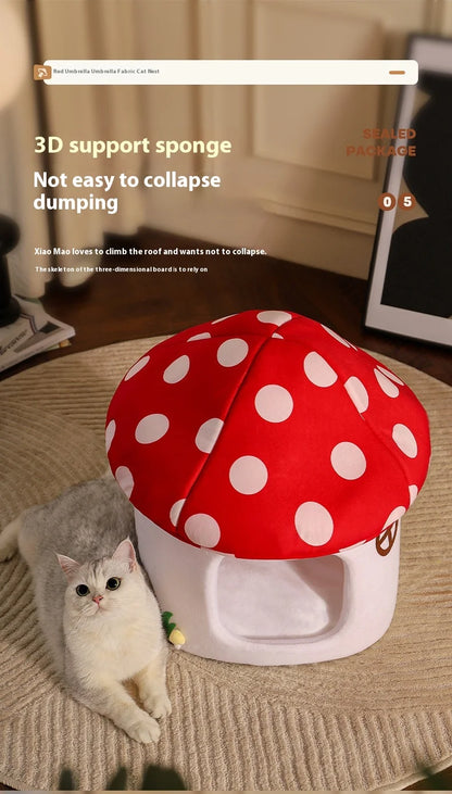 Red Umbrella Mushroom Kennel, Winter-warm Closed House, Cat Shelter. All-seasons Pet Nest For Winter