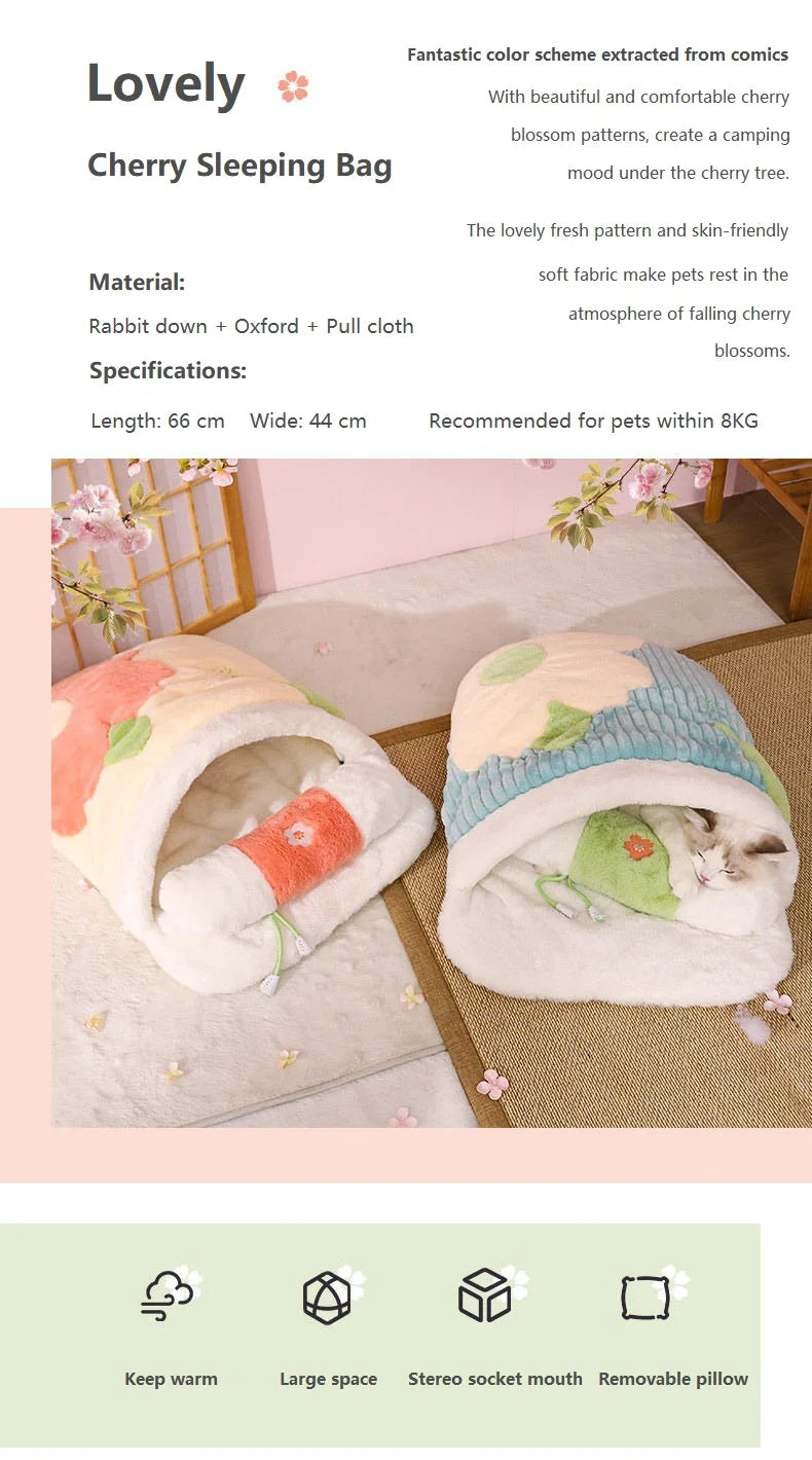 Japanese Sakura Warm Cat Bed Cat Sleeping Bag Deep Sleep Winter Dog House Cats Nest Cushion With Pillow Removable Pet Products