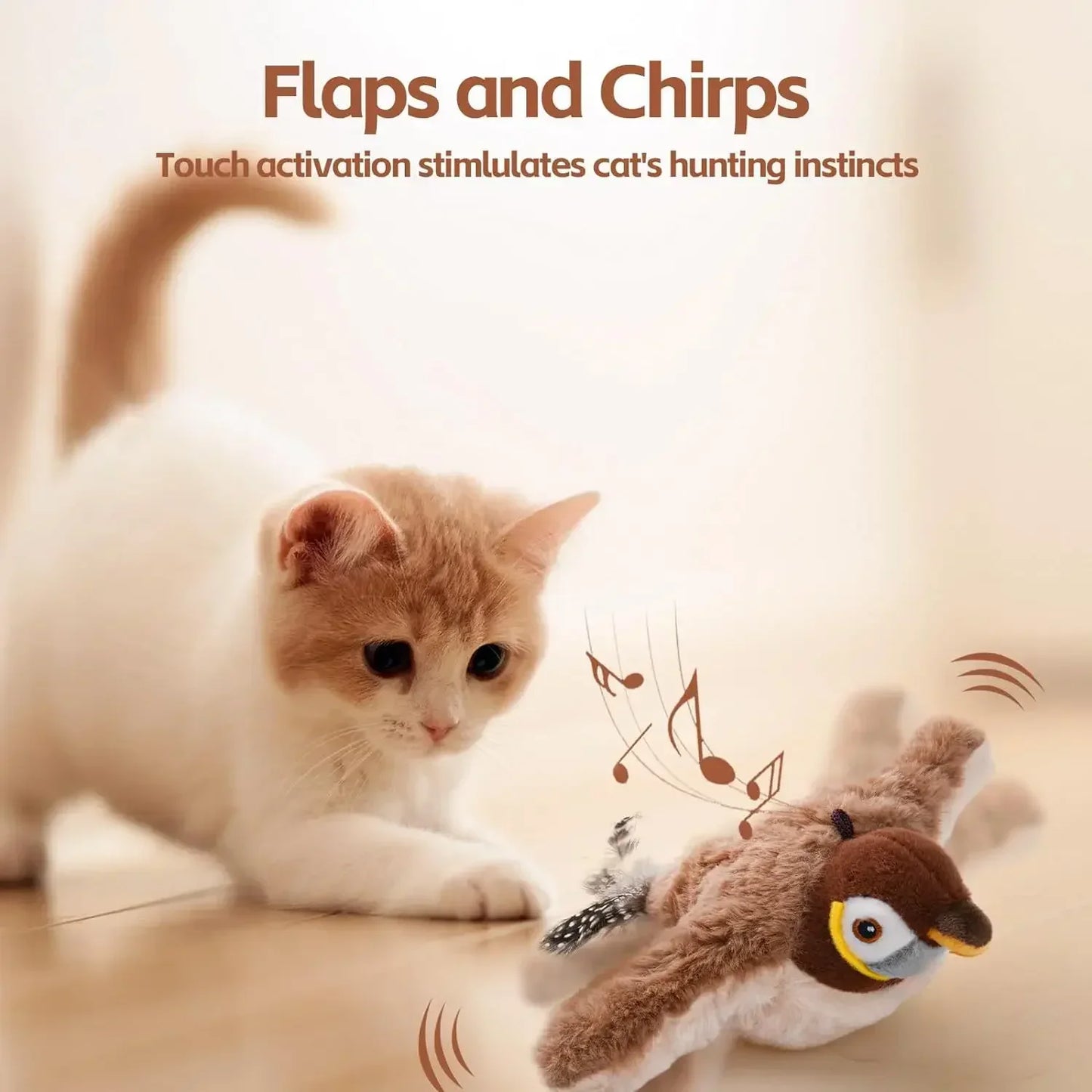 Interactive Cat Toys Rechargeable Electric Flapping Wings Bird Cat Toy Sound Chirping Bird Catnip Touch Activated Plush Toy