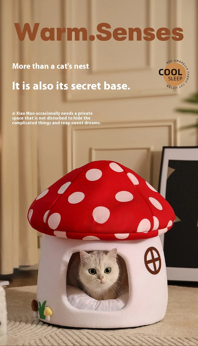 Red Umbrella Mushroom Kennel, Winter-warm Closed House, Cat Shelter. All-seasons Pet Nest For Winter