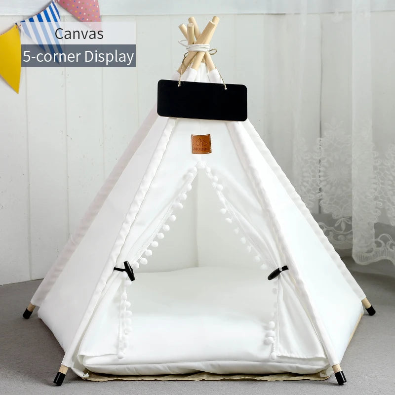 Pet Teepee Tent for Cats and Dogs Portable Removable Washable Dog House Indoor Puppies House with Cushion and Blackboard Cat Bed