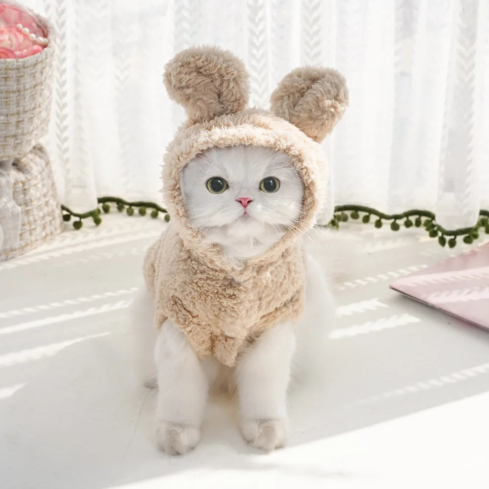 Rabbit Ear Comfortable Cotton Fleece Hooded Pet Clothing Autumn and Winter Clothes Cat Warm Hoodie Dog Clothing Supplies