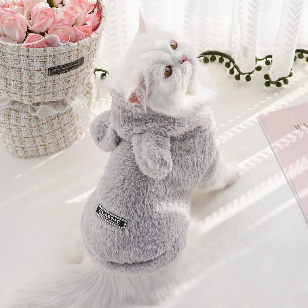 Rabbit Ear Comfortable Cotton Fleece Hooded Pet Clothing Autumn and Winter Clothes Cat Warm Hoodie Dog Clothing Supplies