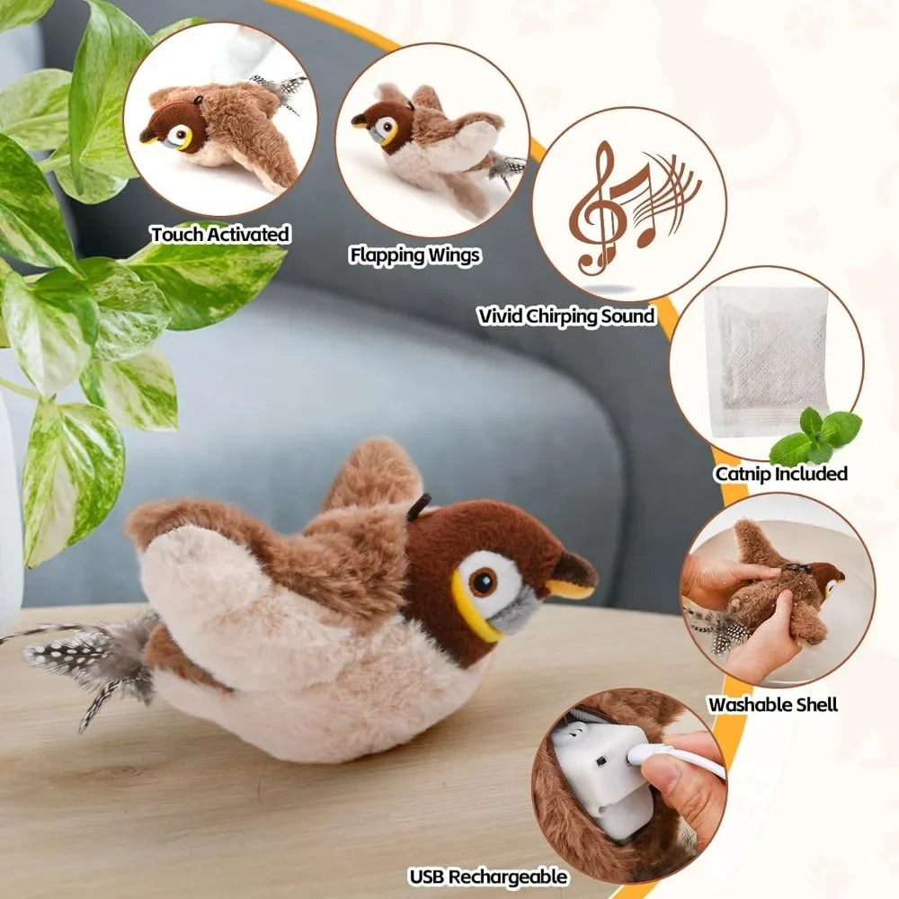 Interactive Cat Toys Rechargeable Electric Flapping Wings Bird Cat Toy Sound Chirping Bird Catnip Touch Activated Plush Toy