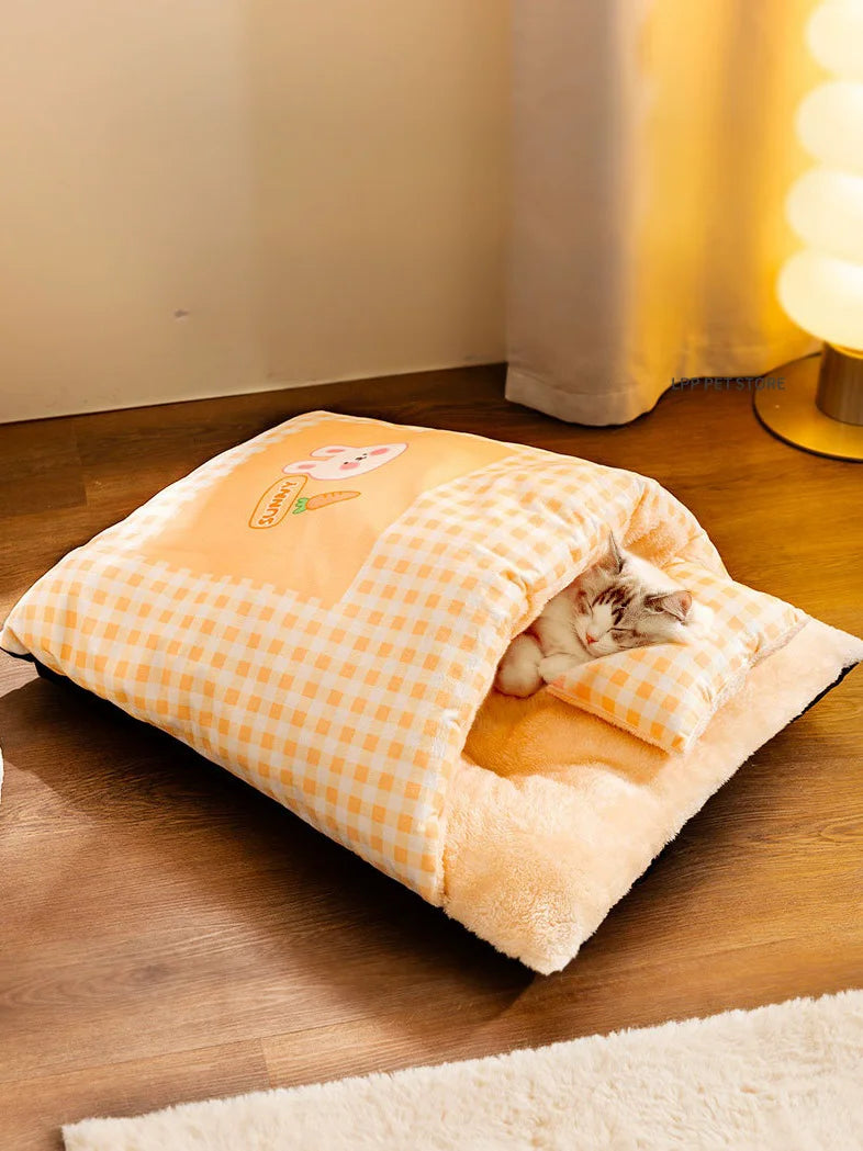 Warm Half Closed Cat Bed Winter Removable Pet Sleeping Bag Dog Bed House Cats Nest Cushion with Pillow Dog Cushion Cat Supplies