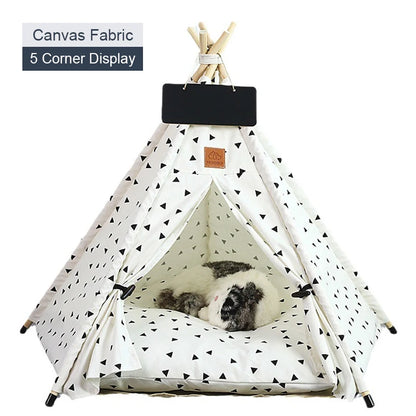 Pet Teepee Tent for Cats and Dogs Portable Removable Washable Dog House Indoor Puppies House with Cushion and Blackboard Cat Bed