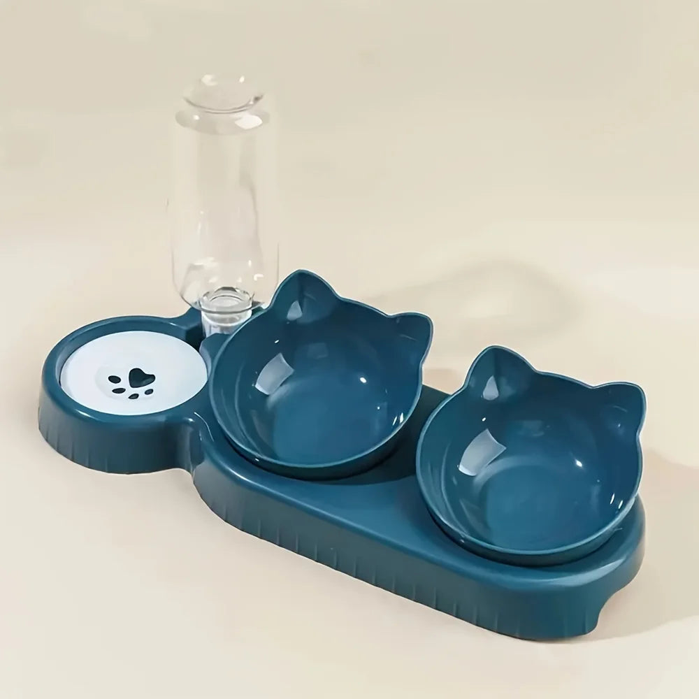 cat tools, [Popular choice] Anti slip tilted cat bowl with automatic water dispenser, non electric plastic pet feeding accessories