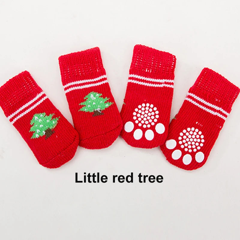 4pcs/Set Cute Puppy Dog Knit Socks Autumn Winter Pet Socks Anti-Slip Knitted Small Dogs Shoes Warm Paw Protector Dog Accessories