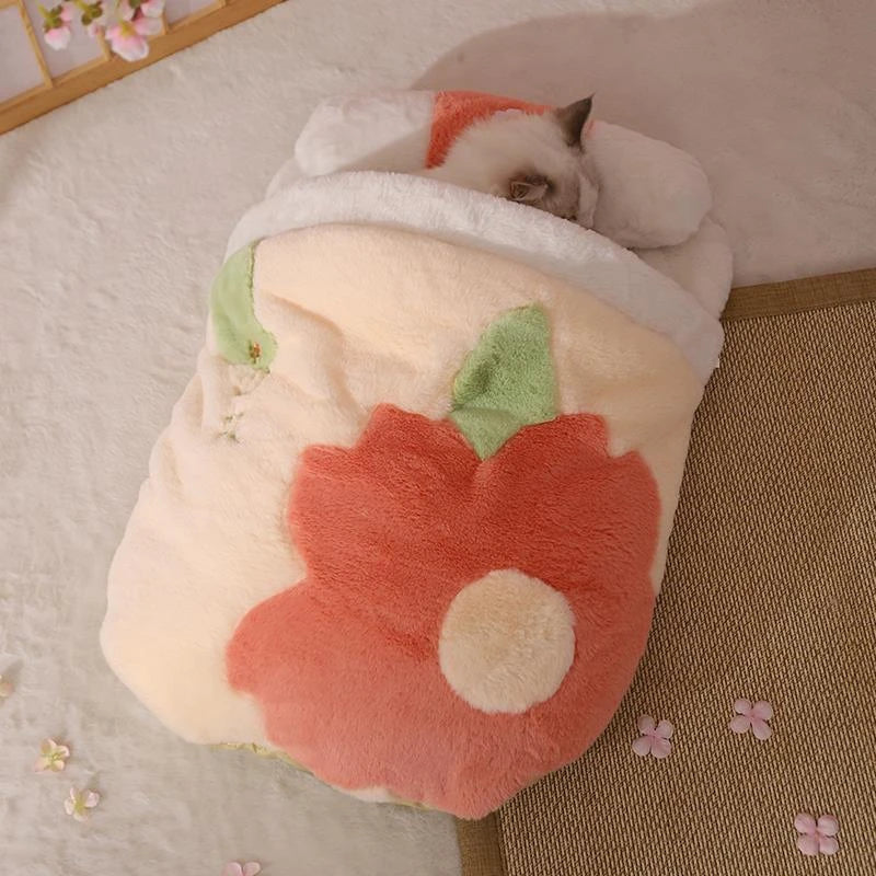 Japanese Sakura Warm Cat Bed Cat Sleeping Bag Deep Sleep Winter Dog House Cats Nest Cushion With Pillow Removable Pet Products