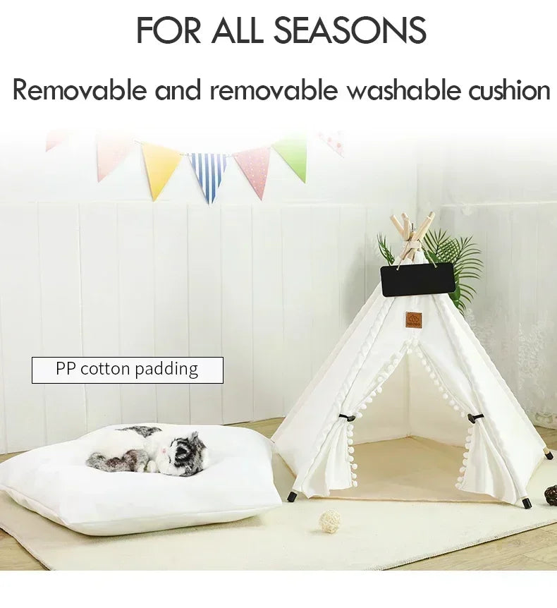 Pet Teepee Tent for Cats and Dogs Portable Removable Washable Dog House Indoor Puppies House with Cushion and Blackboard Cat Bed