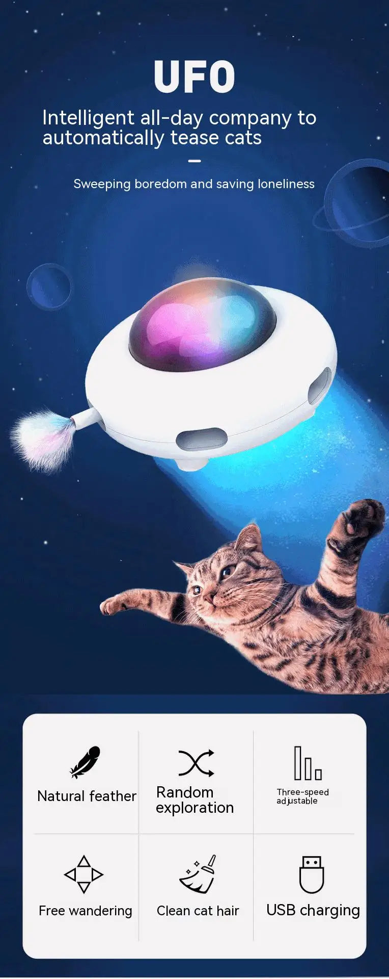 Cat Toy Smart Teaser UFO Pet Turntable Catching Training toys USB Charging Cat Teaser Replaceable Feather Interactive Auto