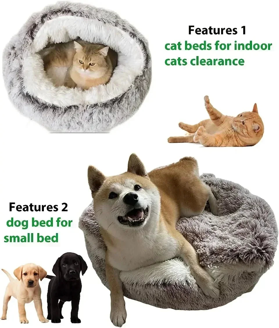 Round Cat Cushion Semi Enclosed Pet Sleep Bags Long Soft Plush 2 in 1 Warms Cats Beds Simple Comfort Warm Puppy Sleeping Nest