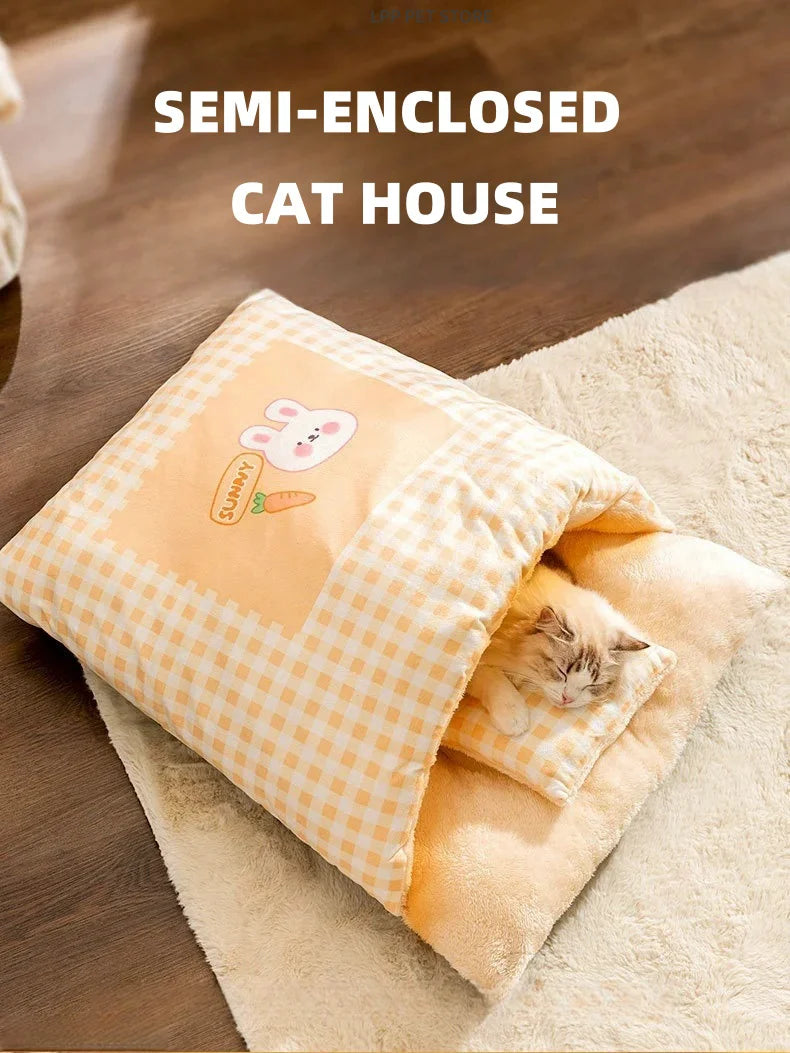 Warm Half Closed Cat Bed Winter Removable Pet Sleeping Bag Dog Bed House Cats Nest Cushion with Pillow Dog Cushion Cat Supplies