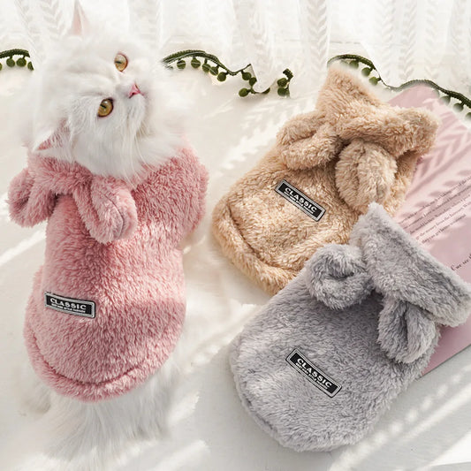 Rabbit Ear Comfortable Cotton Fleece Hooded Pet Clothing Autumn and Winter Clothes Cat Warm Hoodie Dog Clothing Supplies