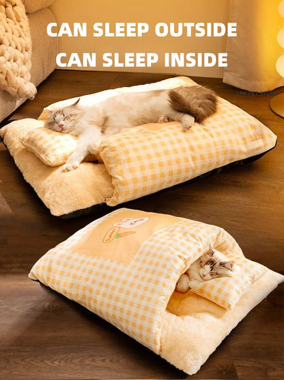 Warm Half Closed Cat Bed Winter Removable Pet Sleeping Bag Dog Bed House Cats Nest Cushion with Pillow Dog Cushion Cat Supplies