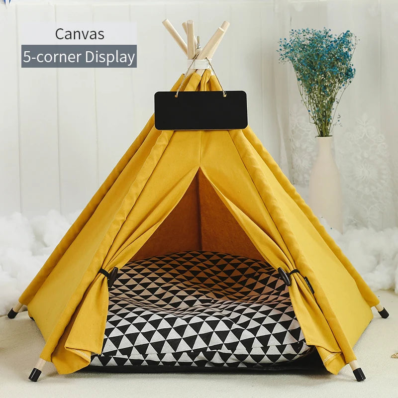 Pet Teepee Tent for Cats and Dogs Portable Removable Washable Dog House Indoor Puppies House with Cushion and Blackboard Cat Bed