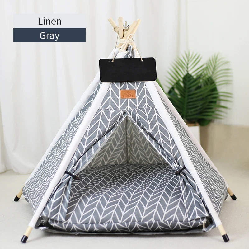 Pet Teepee Tent for Cats and Dogs Portable Removable Washable Dog House Indoor Puppies House with Cushion and Blackboard Cat Bed