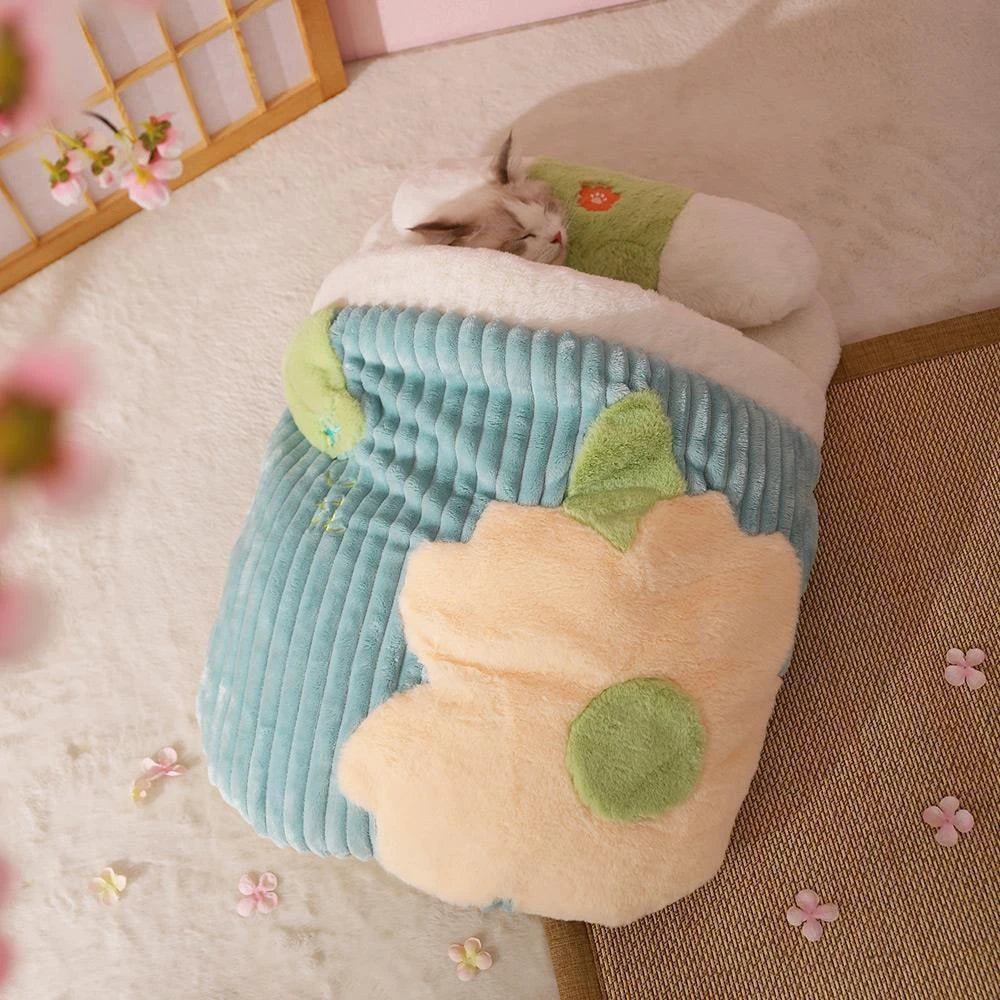 Japanese Sakura Warm Cat Bed Cat Sleeping Bag Deep Sleep Winter Dog House Cats Nest Cushion With Pillow Removable Pet Products