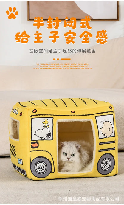 Peanuts Cat Nest Kennel Cartoon Pet Waterloo Charlie Snoopy Bus Pet Sleeping Pad Cat Nest Cute Small Dog Kennel Gift Foldable