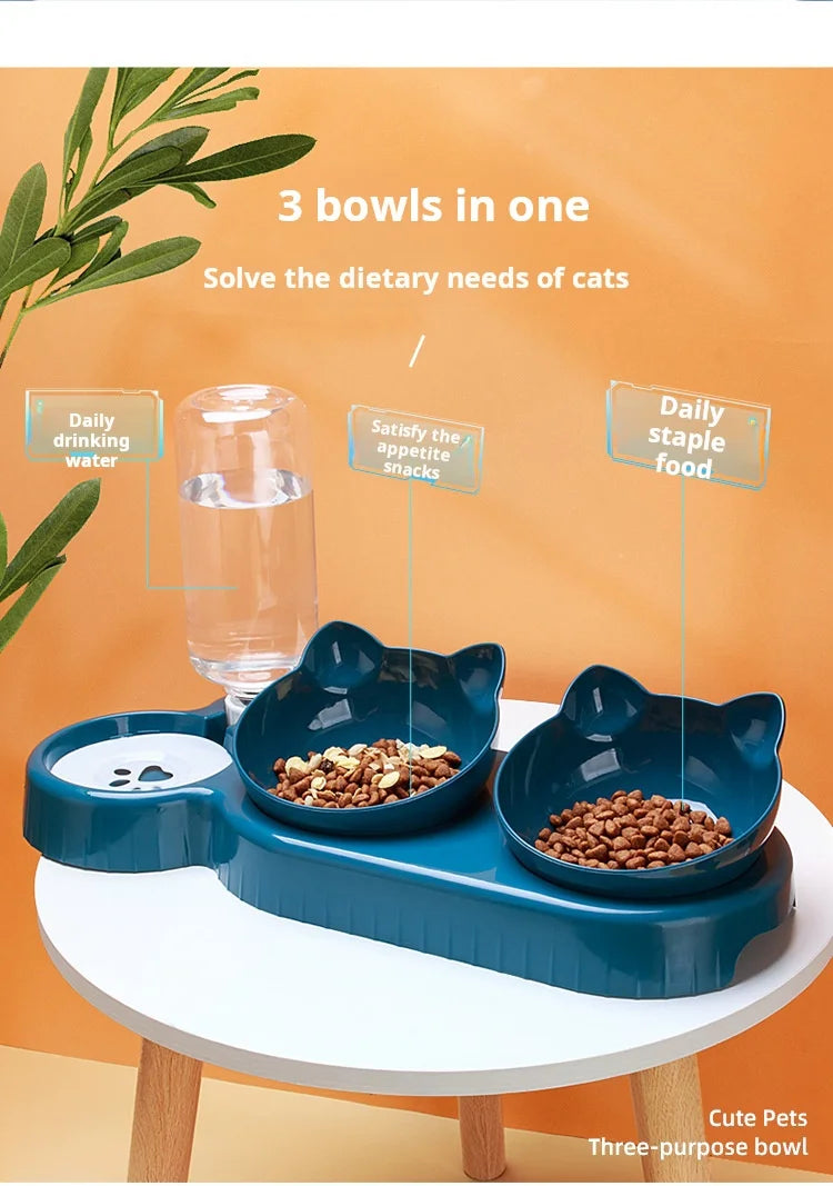 Pet Bowls With Water Feeder, 3 In 1 Ear Design Tilted Cat Water And Food Bowl Set With Gravity Water Bottle For Neck Protection