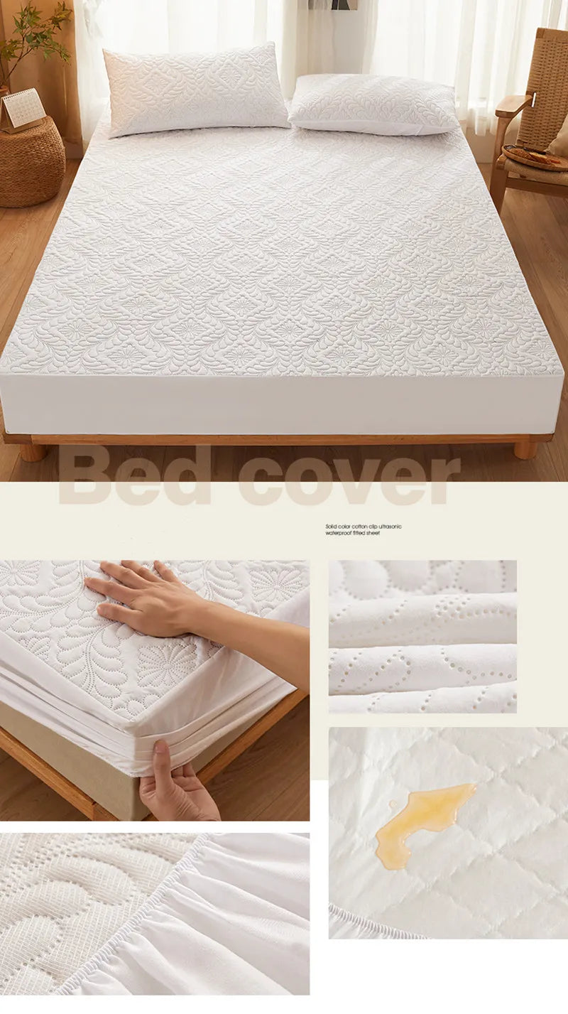 Quilted Waterproof Mattress Cover Embossed Bedding Mattress Protector Anti-mite Anti-bacterial Fitted Bed Sheet No Pillowcase