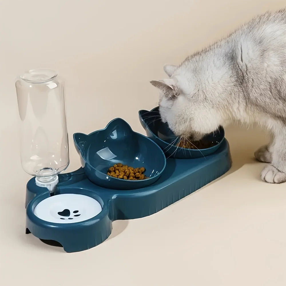 cat tools, [Popular choice] Anti slip tilted cat bowl with automatic water dispenser, non electric plastic pet feeding accessories